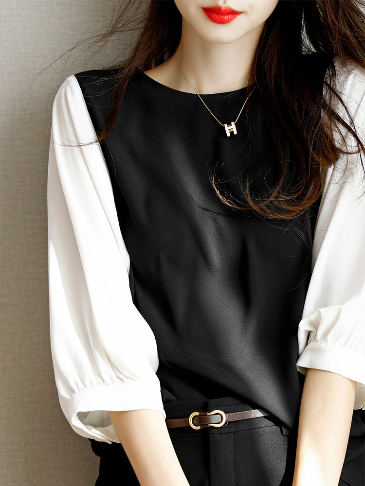 Women's Contrast Color Stitching Dolman Sleeve Chiffon Top