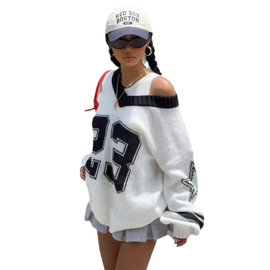 Contrast Color Digital Jacquard Loose-fitting V-neck Long Sleeves Sweater