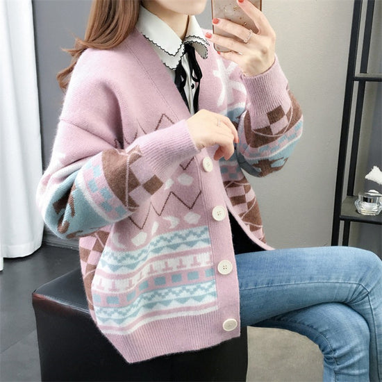 Knitted Cardigan Long Sleeve Jacket Women Lazy Style Ladies Sweater Loose