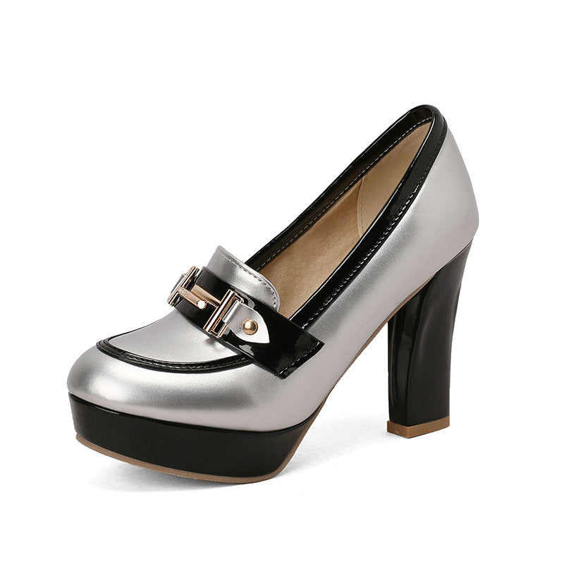 Round Toe Waterproof Platform Chunky Heel High Heel Leather Shoes