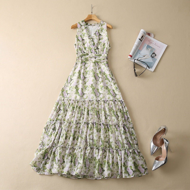 Large Skirt Pleated High Waist V-neck Off-shoulder Printed Dress