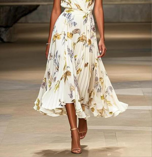 European And American Women's V-neck Short Sleeve Dress Temperament Printed