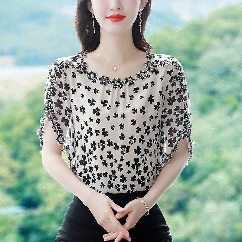 Embroidery Floral Shirt Fashion Chiffon Short Sleeve