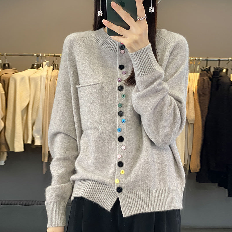 Women's Round Neck Knitted Cardigan With Color Buckle Inner Wear Blouse