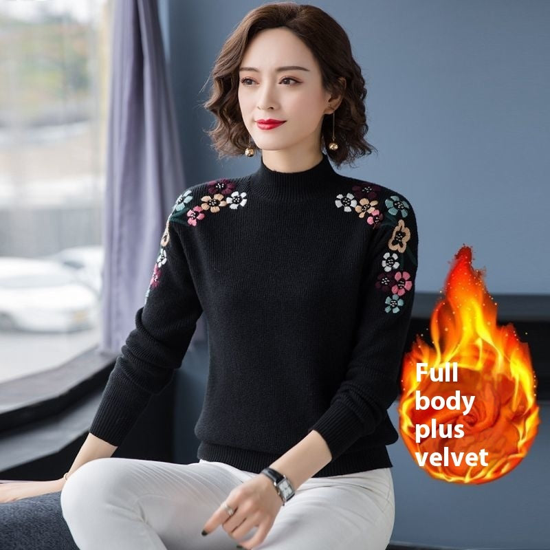 Popular Embroidery Women's New Loose High Collar Bottoming Shirt