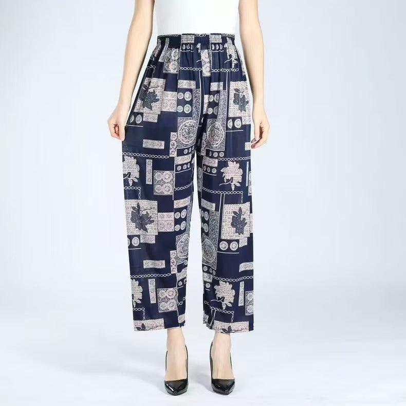 Ice Silk Wide-leg Pants Middle-aged And Elderly Loose Flower Pants