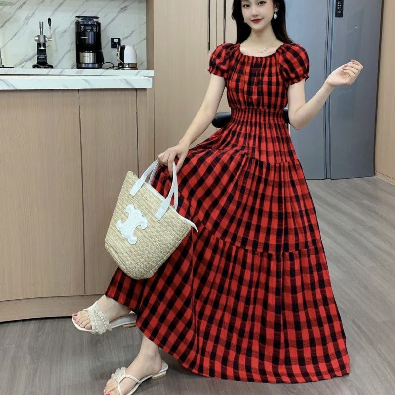 Cotton Silk Floral Korean Style Ladies Elegant Slim-fit Dress