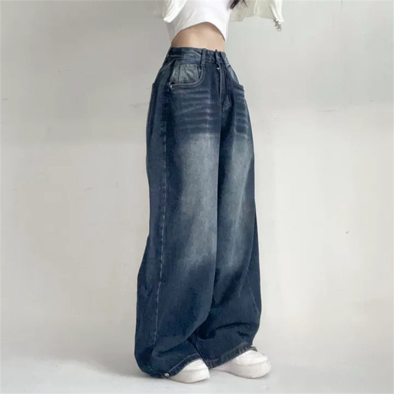 Washed Blue Wide-leg Jeans High Waist Loose Straight Long Pants