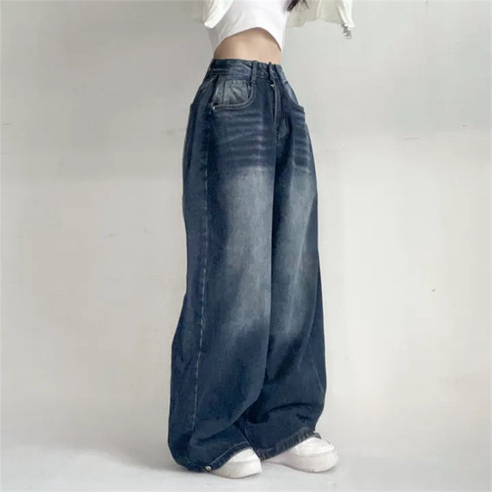 Washed Blue Wide-leg Jeans High Waist Loose Straight Long Pants