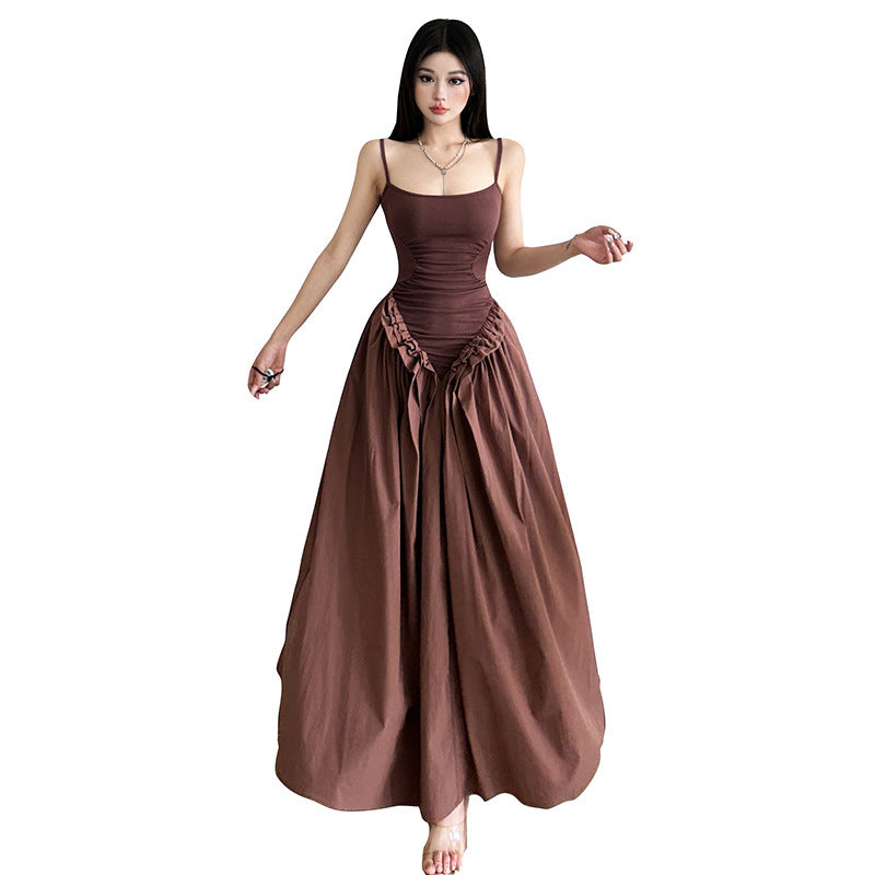Hot Girl Solid Color Sling Fitted Waist Pleated Large Swing Dress