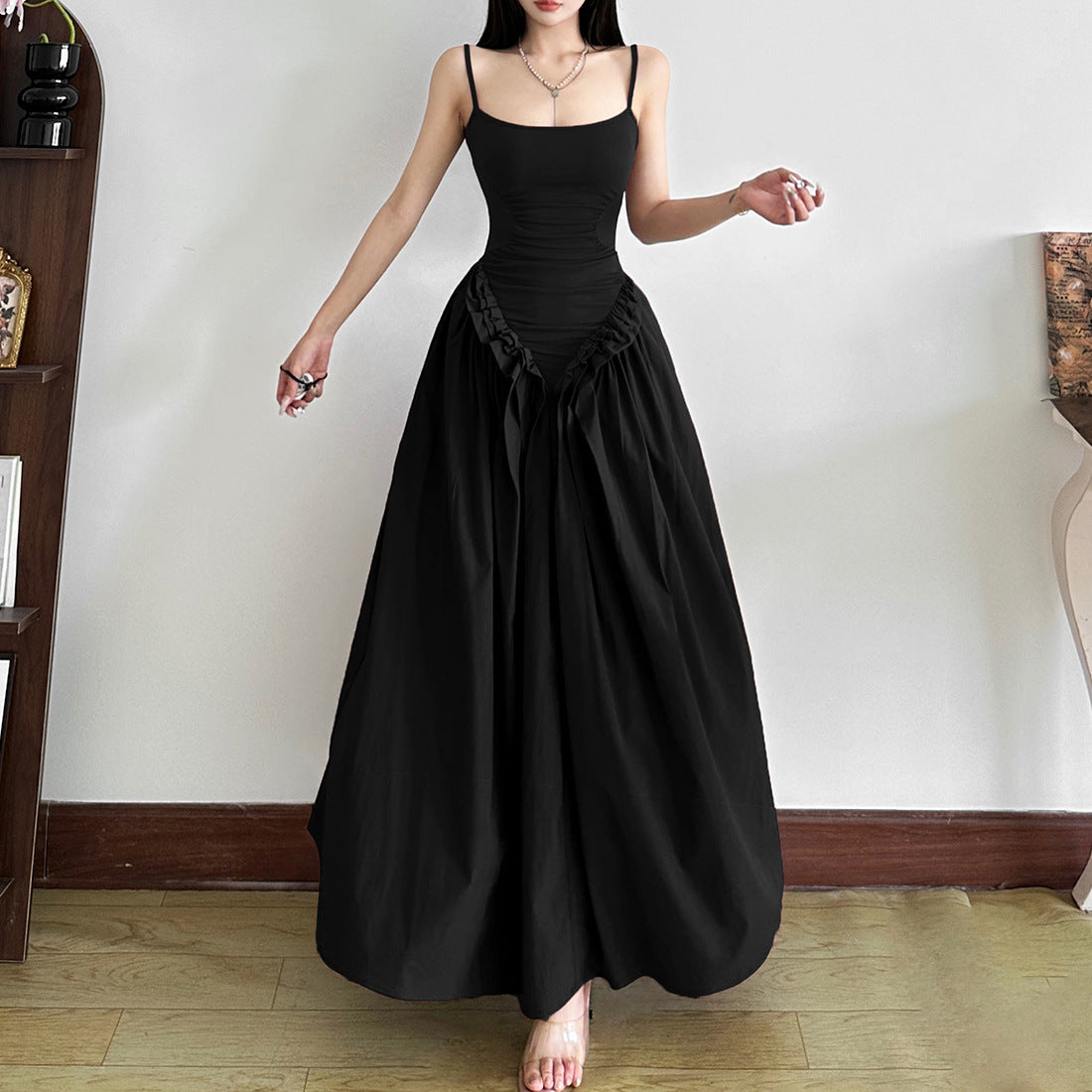 Hot Girl Solid Color Sling Fitted Waist Pleated Large Swing Dress