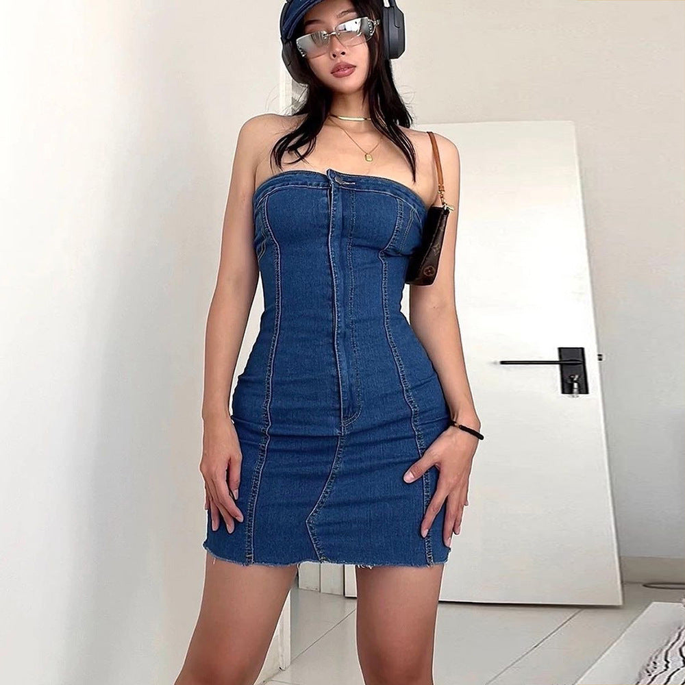 Sexy Slim-fit Tassel Washed Denim Tube Top Dress For Women