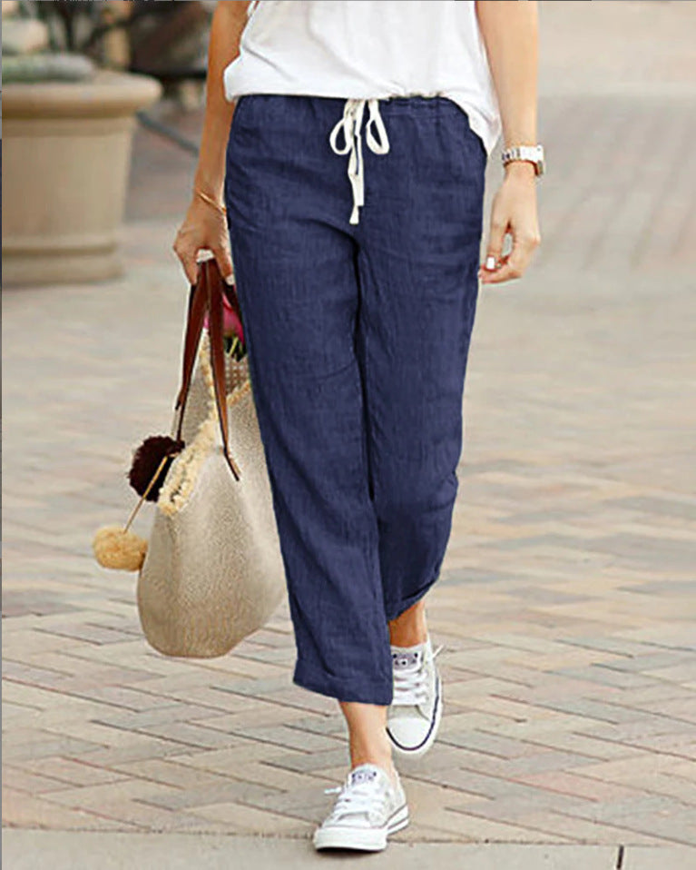 New Solid Color Loose Casual Drawstring Elastic Waist Cotton Linen Cropped Pants