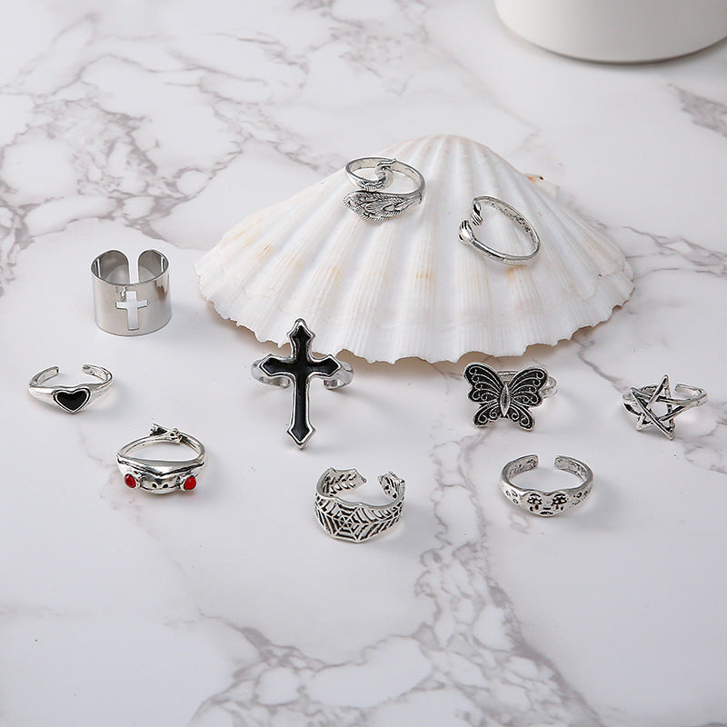 Exaggerated Oil Cross Personality Ring 10 Piece Set