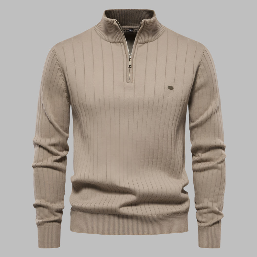 Men's Stand Collar Sweater Fashion Half-zipper Solid Color Striped Knit Sweater High Quality Slim Fit Top Clothing