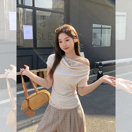 Korean Style Lace Stitching Swing Collar Off-shoulder Short Sleeve T-shirt