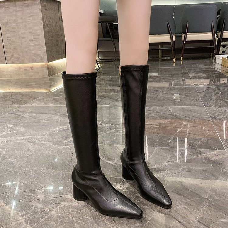 Long Boots Women's Boots Autumn And Winter New British Style Women's Shoes High-heeled Black Thick-heeled Retro Boots Pointed Knight Boots