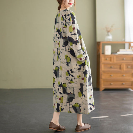 Cotton Linen Vintage Floral Print Dresses For Women