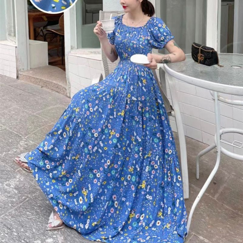 Cotton Silk Floral Korean Style Ladies Elegant Slim-fit Dress