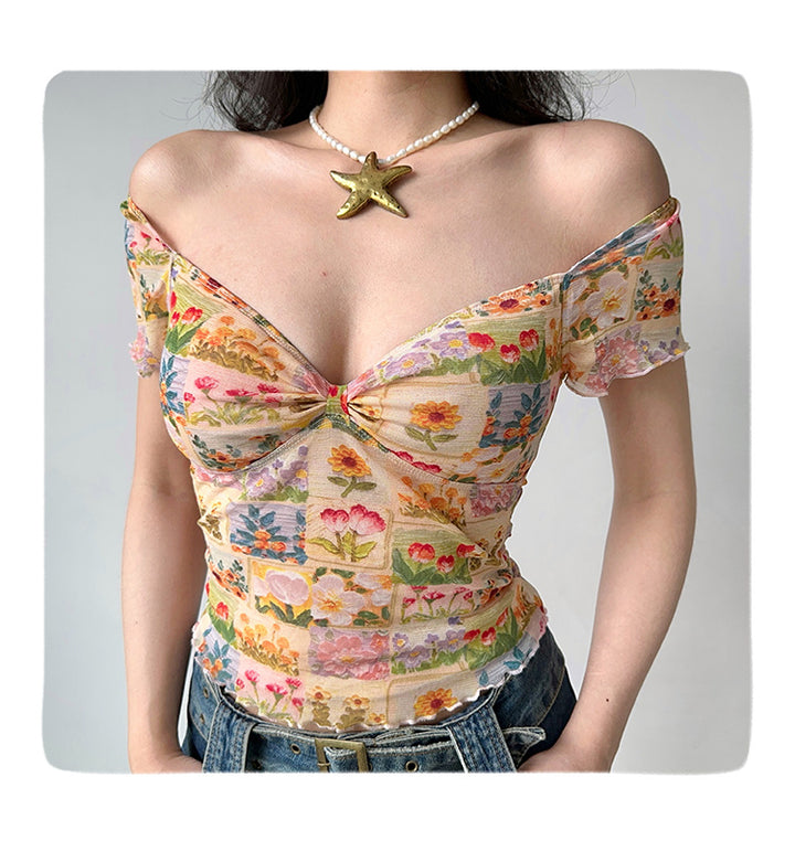 Oil Painting Flower Printed V-neck T-shirt Women's Mesh Short Sleeve Top
