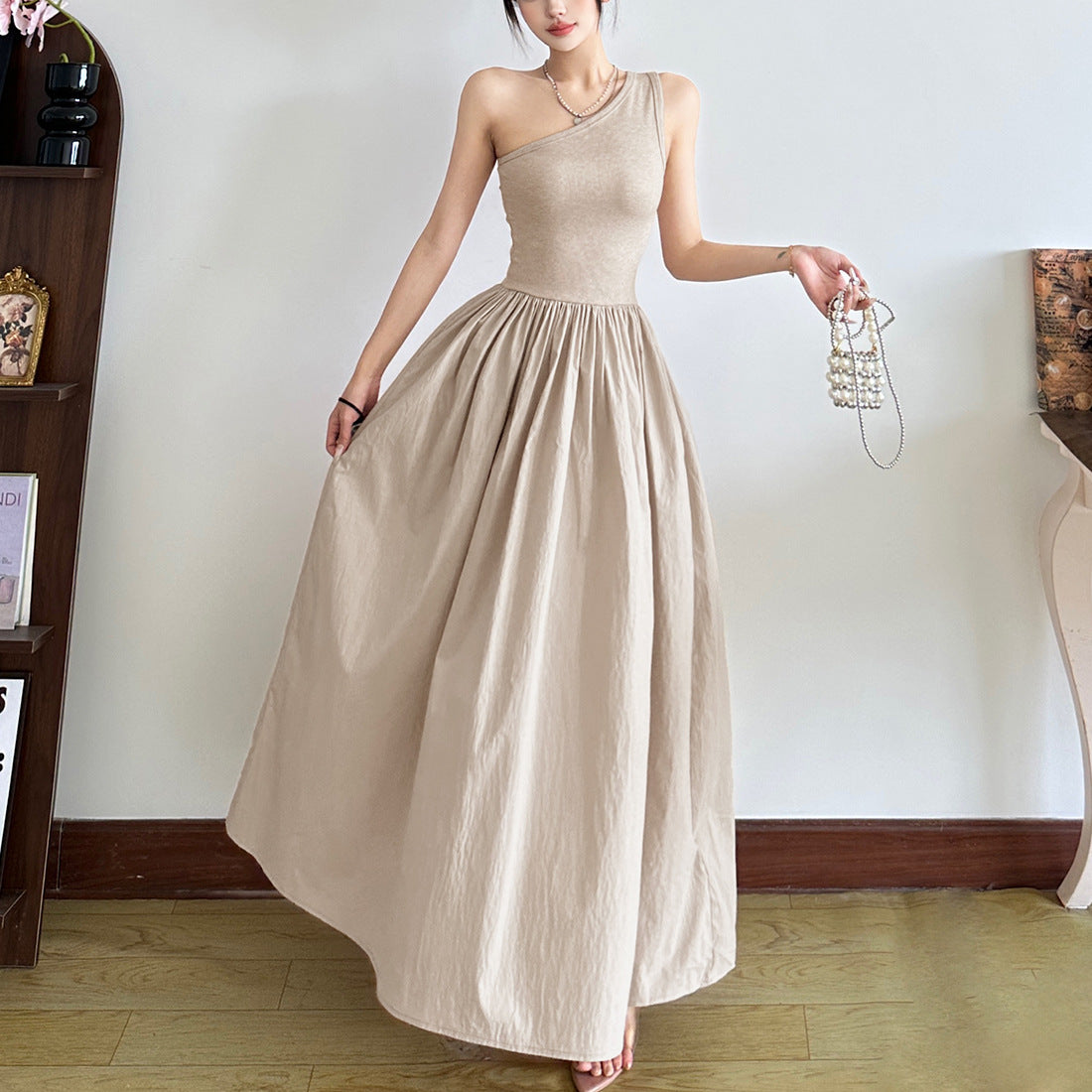 Fashion Women's Wear Waist Slant Shoulder Sleeveless Dress