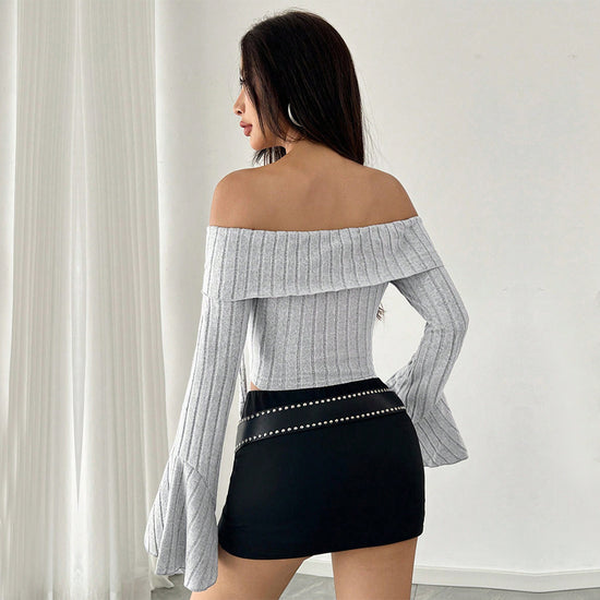 Women's Off-neck T-shirt Bell Sleeve Short Midriff-baring Top