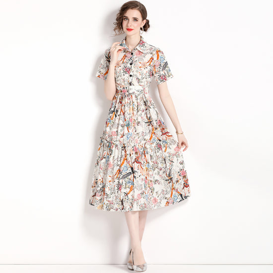 Singing Birds And Flowers Print Fashion Ladies Dress