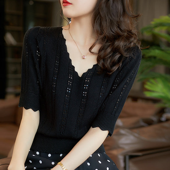 Summer White French Style V-neck Sweater With Short Sleeves