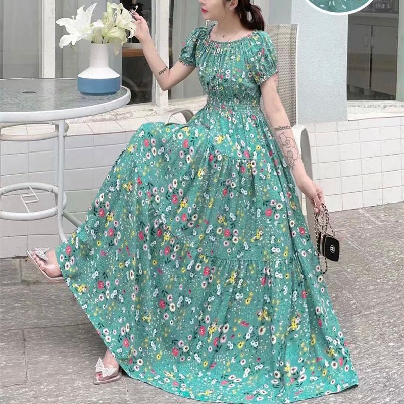 Cotton Silk Floral Korean Style Ladies Elegant Slim-fit Dress
