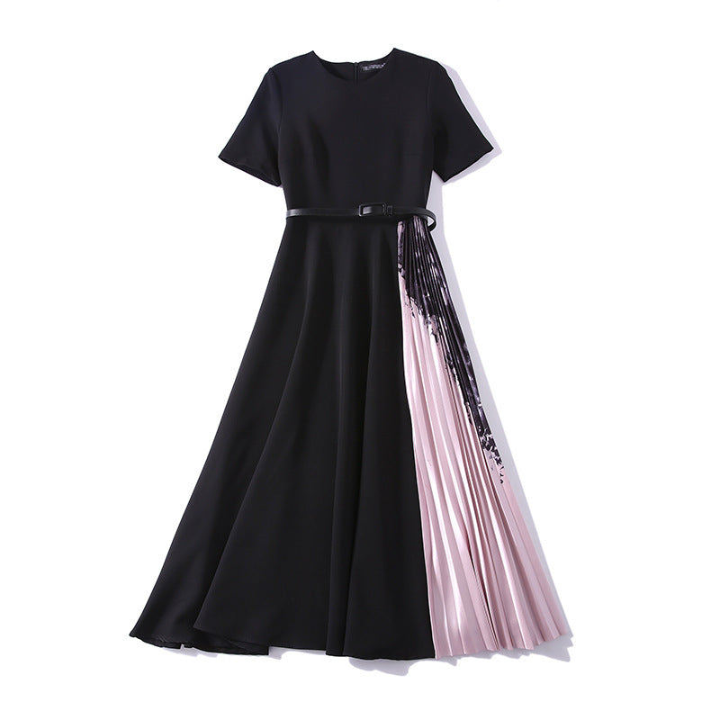 Women's Round Neck Short Sleeve Printed Stitching Pleated Dress