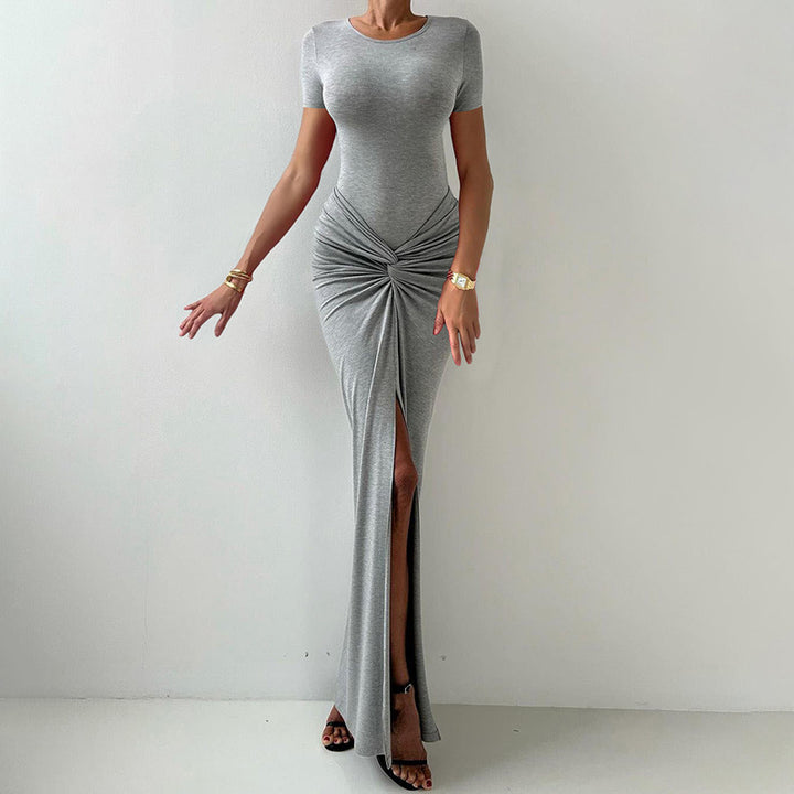 Women's Solid Color Sexy Slim Hip Round-neck High Waist Fold Split Dress