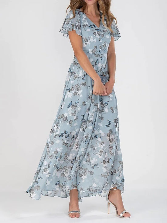 Temperament Commute Slimming V-neck Short Sleeve Printed Waist-controlled Dress