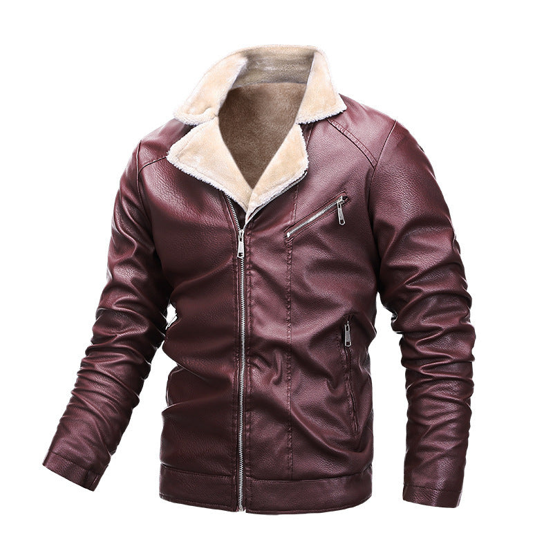 Men Stand Up Collar Plus Velvet Leather Casual