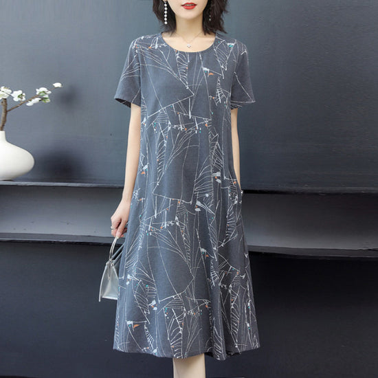 Round Neck Short Sleeve Printed Midi Skirt