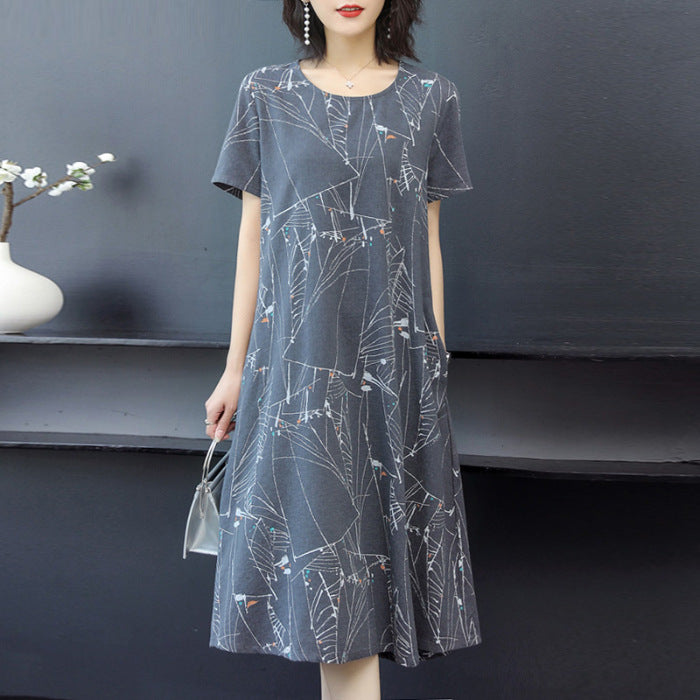 Round Neck Short Sleeve Printed Midi Skirt