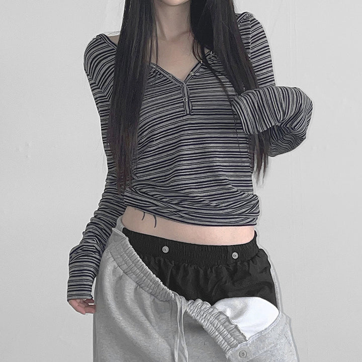 European And American Retro Stripes Contrast Color Hooded Breasted Long Sleeve