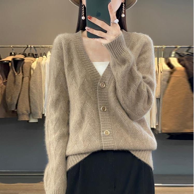 Knitted Wool Cardigan Women's V-neck Solid Color Baggy Coat