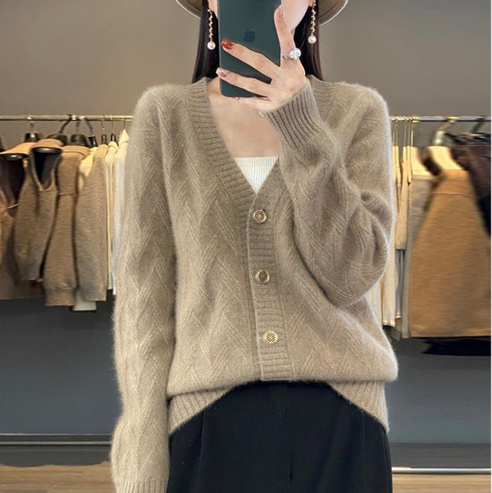 Knitted Wool Cardigan Women's V-neck Solid Color Baggy Coat