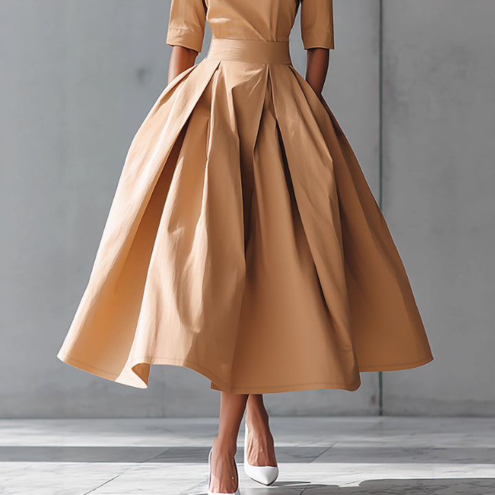 Fashionable Casual Elegant Personality Design Three-quarter Sleeve A-line Solid Color Dress