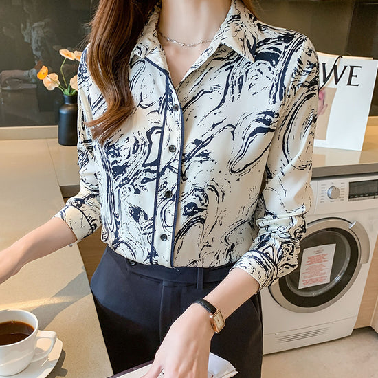 Women's Printed Long-sleeved Lapel Shirt