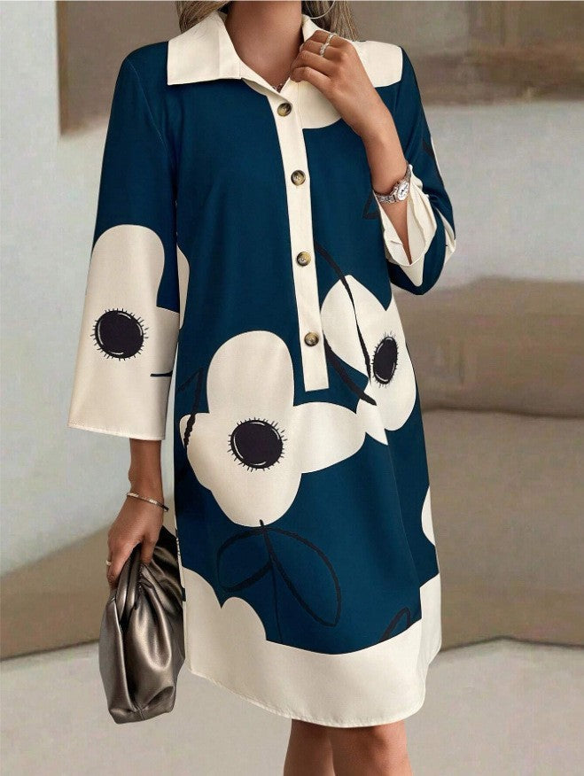 Autumn Half-sleeve Printed Loose And Elegant Shirt Dress