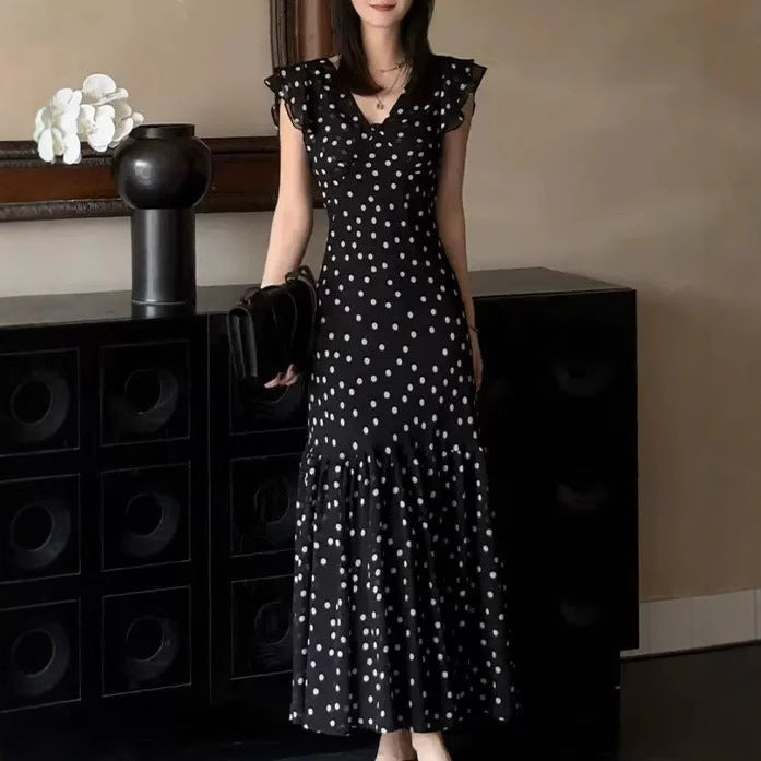 Summer New Slim Fit Show Thin Black French Polka Dot Fashion Dress