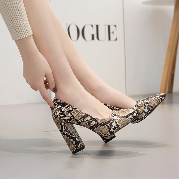 Snake Print Thick High Heel Pointed Toe Women's Shoes