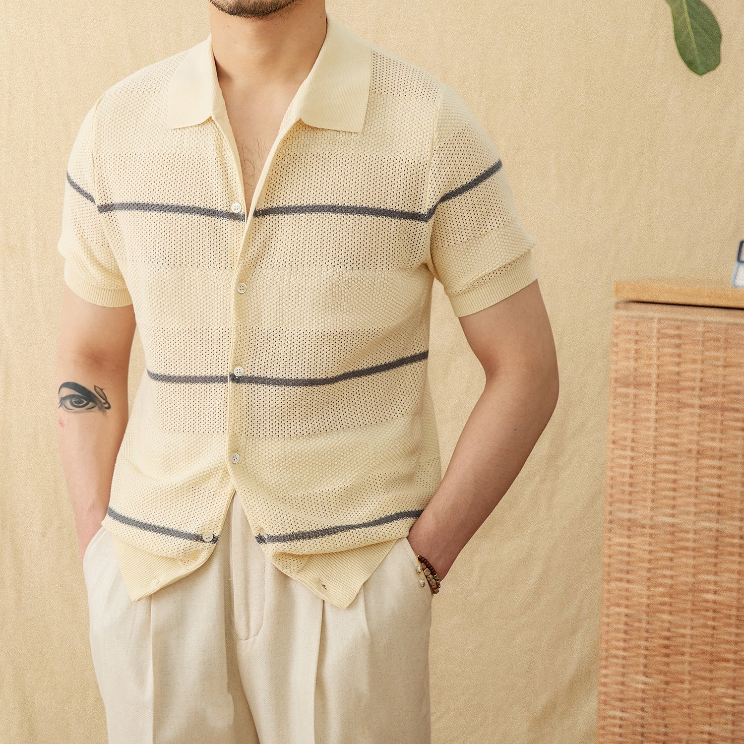 Lapel Casual Fashion Cotton Linen Short Sleeve Knitted Cardigan