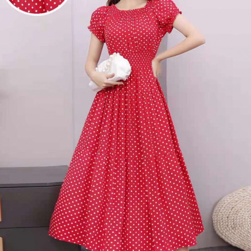 Cotton Silk Floral Korean Style Ladies Elegant Slim-fit Dress