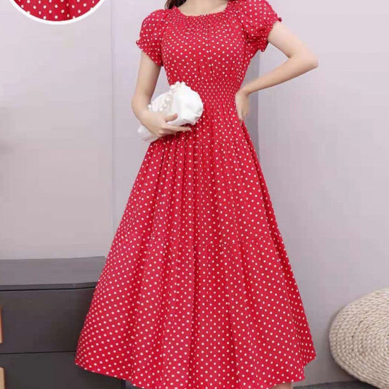Cotton Silk Floral Korean Style Ladies Elegant Slim-fit Dress