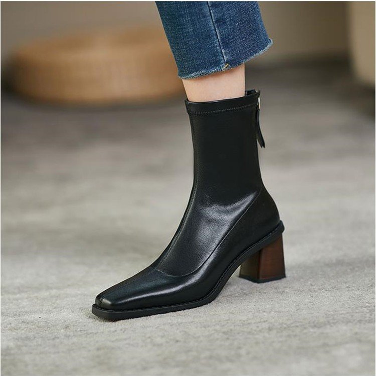 European And American Internet Hot Skinny Boots Autumn New European And American Ins Square Toe Back Zipper Chunky Heel Boots High Heel Large Size Boots