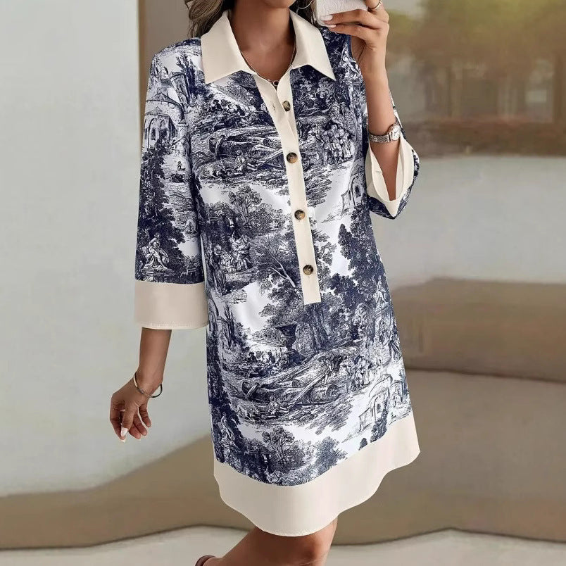 Autumn Half-sleeve Printed Loose And Elegant Shirt Dress
