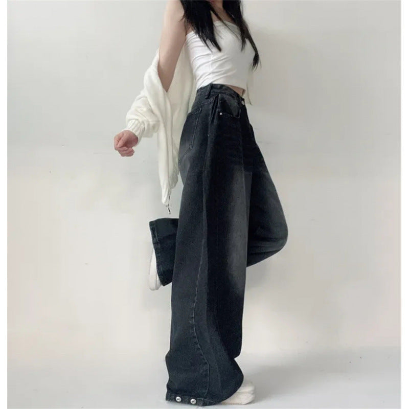 Washed Blue Wide-leg Jeans High Waist Loose Straight Long Pants