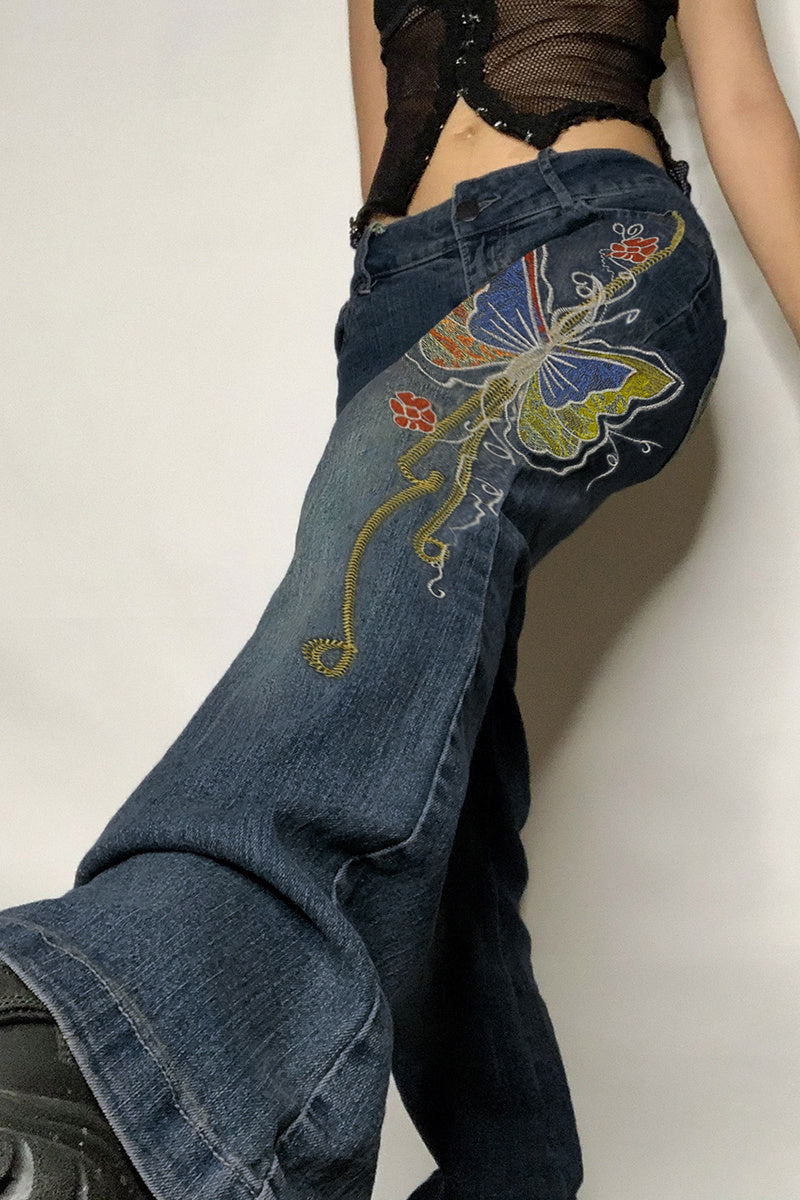 Fashion Women's Sexy High Waist Retro Individual Butterfly Print Bootcut Jeans